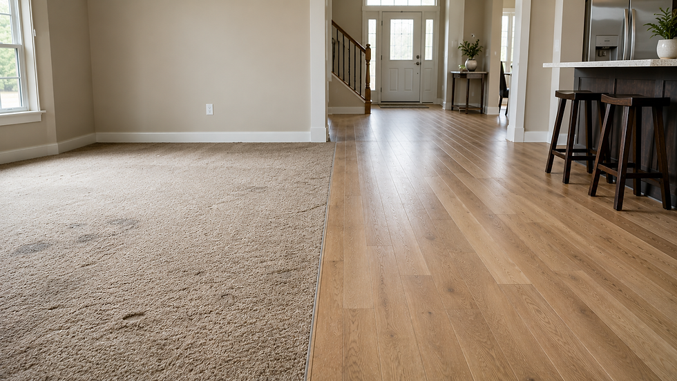 Comparison of outdated carpet flooring next to updated hardwood flooring
