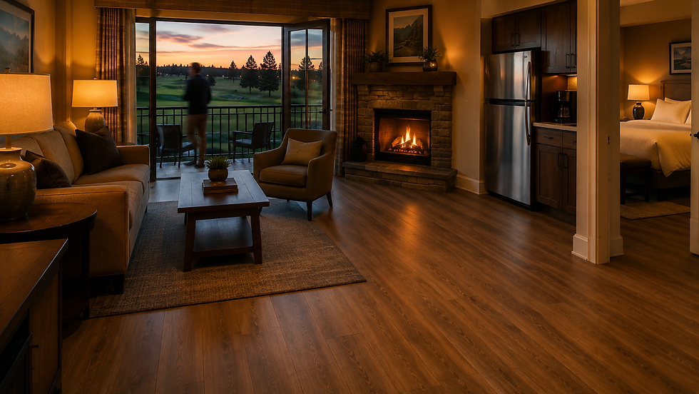 Finished flooring in an Eagle Crest resort rental unit at evening with balcony view