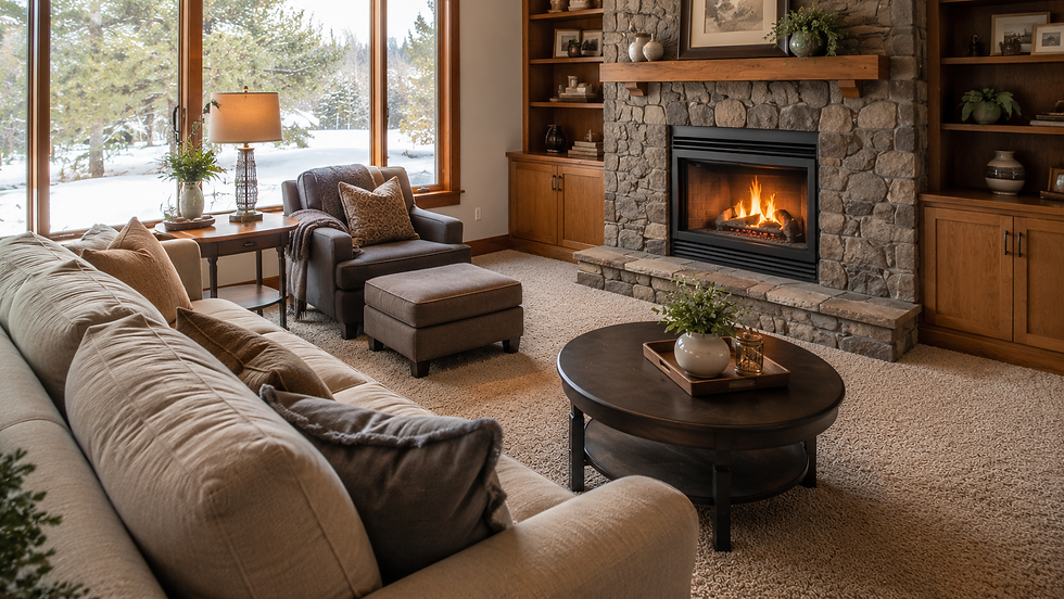 carpeted living room in a Redmond home during winter