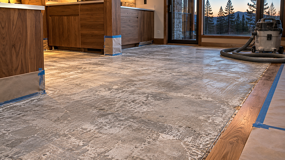 Clean exposed concrete beside retained cabinets and oak flooring in soft evening light.