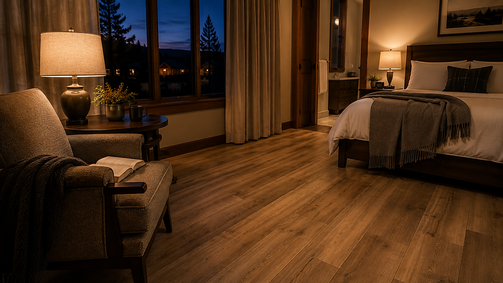 Finished luxury vinyl flooring in a Brasada Ranch Oregon guest suite at evening