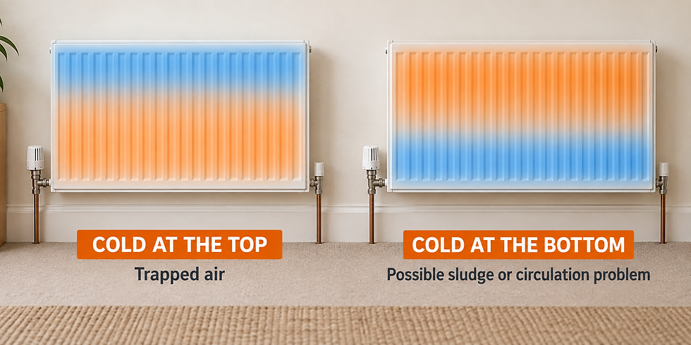 Radiator cold at the top due to trapped air, compared with a radiator cold at the bottom due to possible sludge or poor circulation.