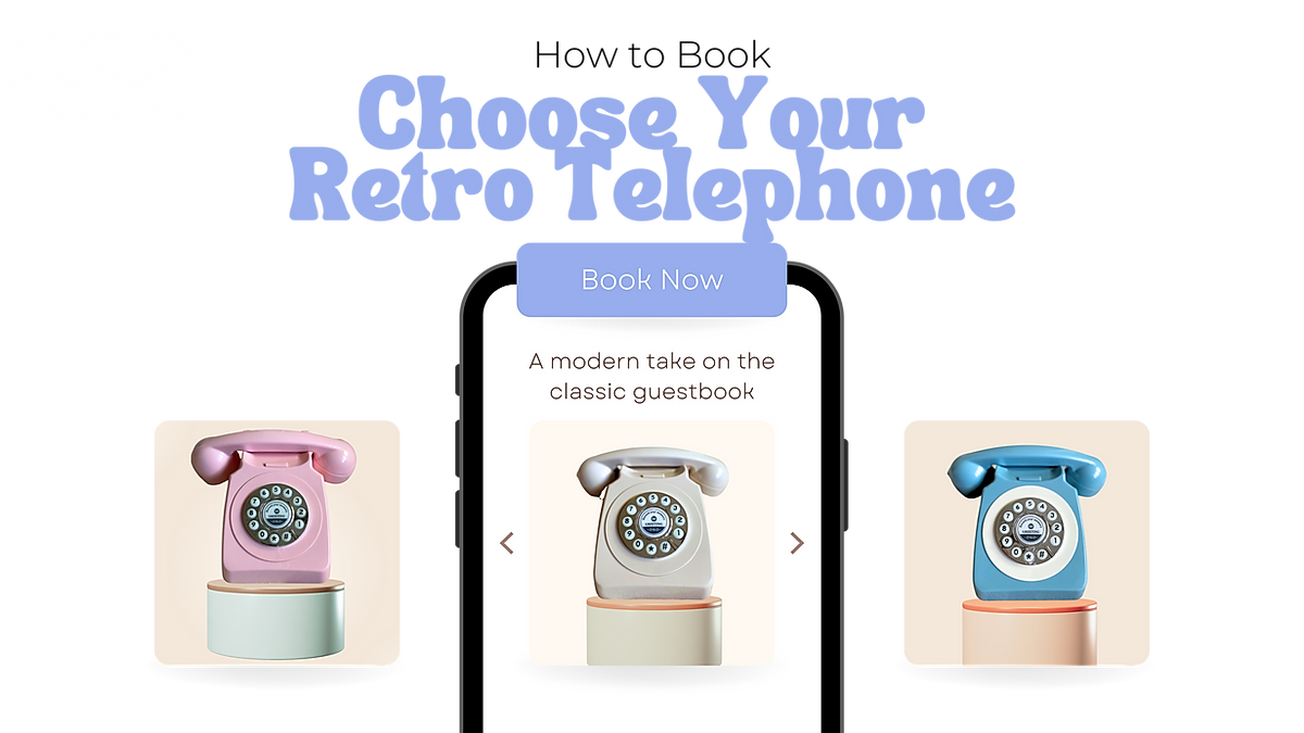 Images on how to best select the perfect retro handset phone. Ivory, cloud blue or babydoll pink?