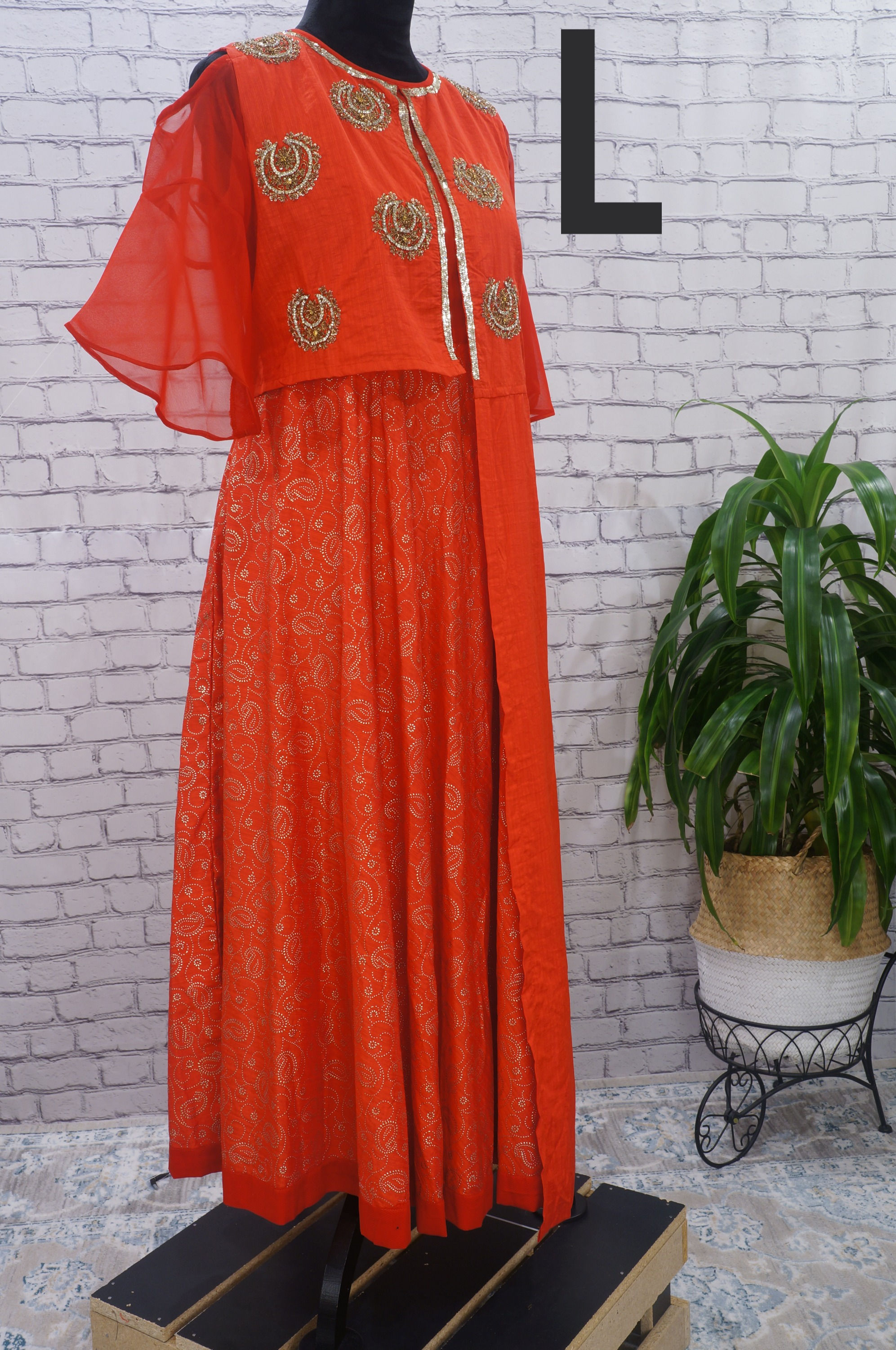 Red Silk Long Dress, Cold Shoulder, Gold Embroidered Dress,Indian Wedding, Large