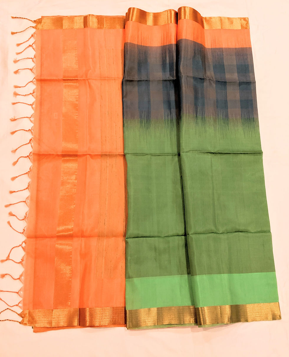 Thumbnail: Peach and Green Kanchipuram Soft Silk