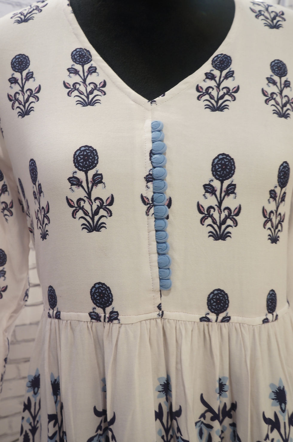 Thumbnail: White and Blue printed A-line tiered Dress