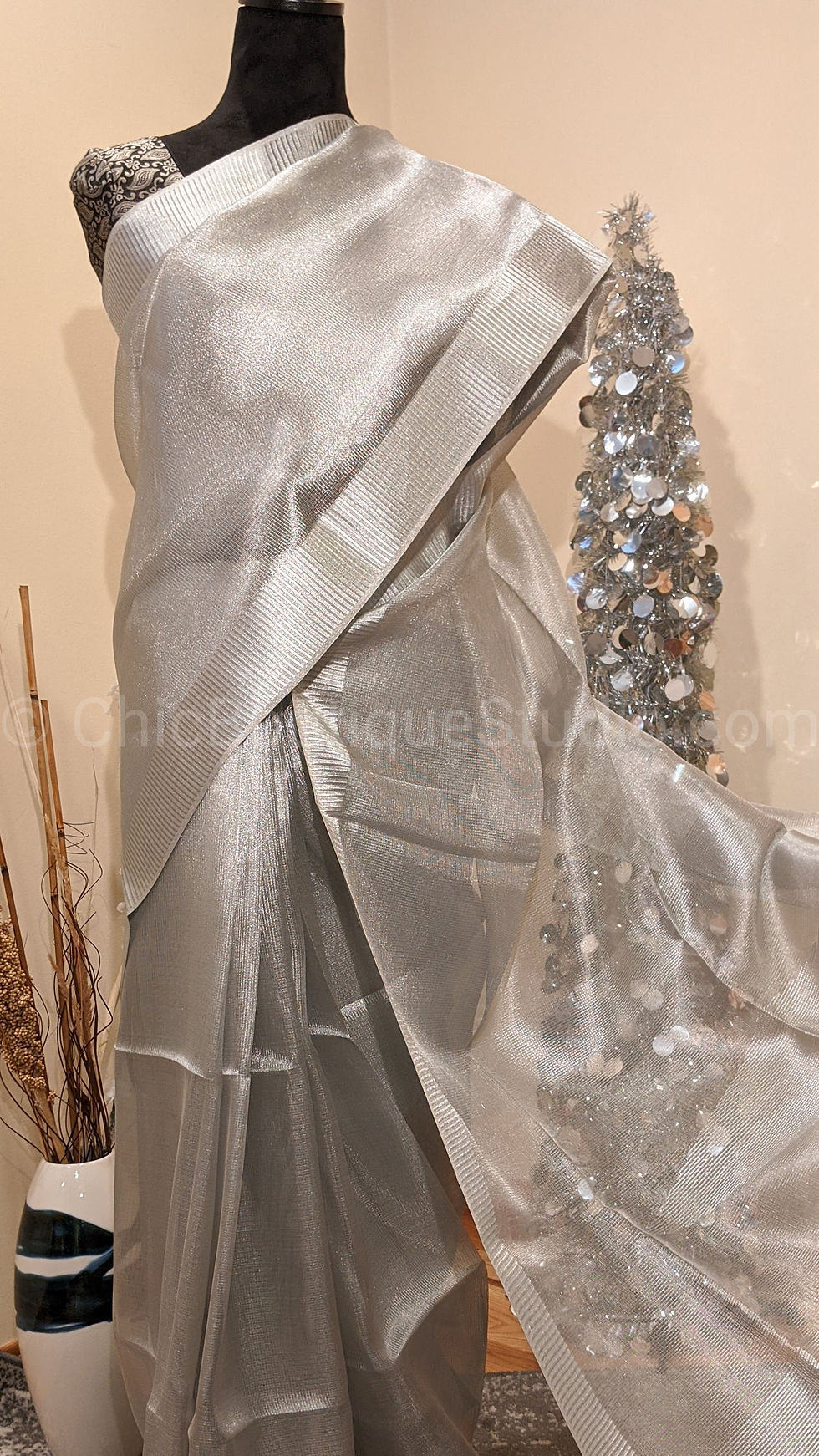 Thumbnail: Silver Party Wear Kora Silk Saree