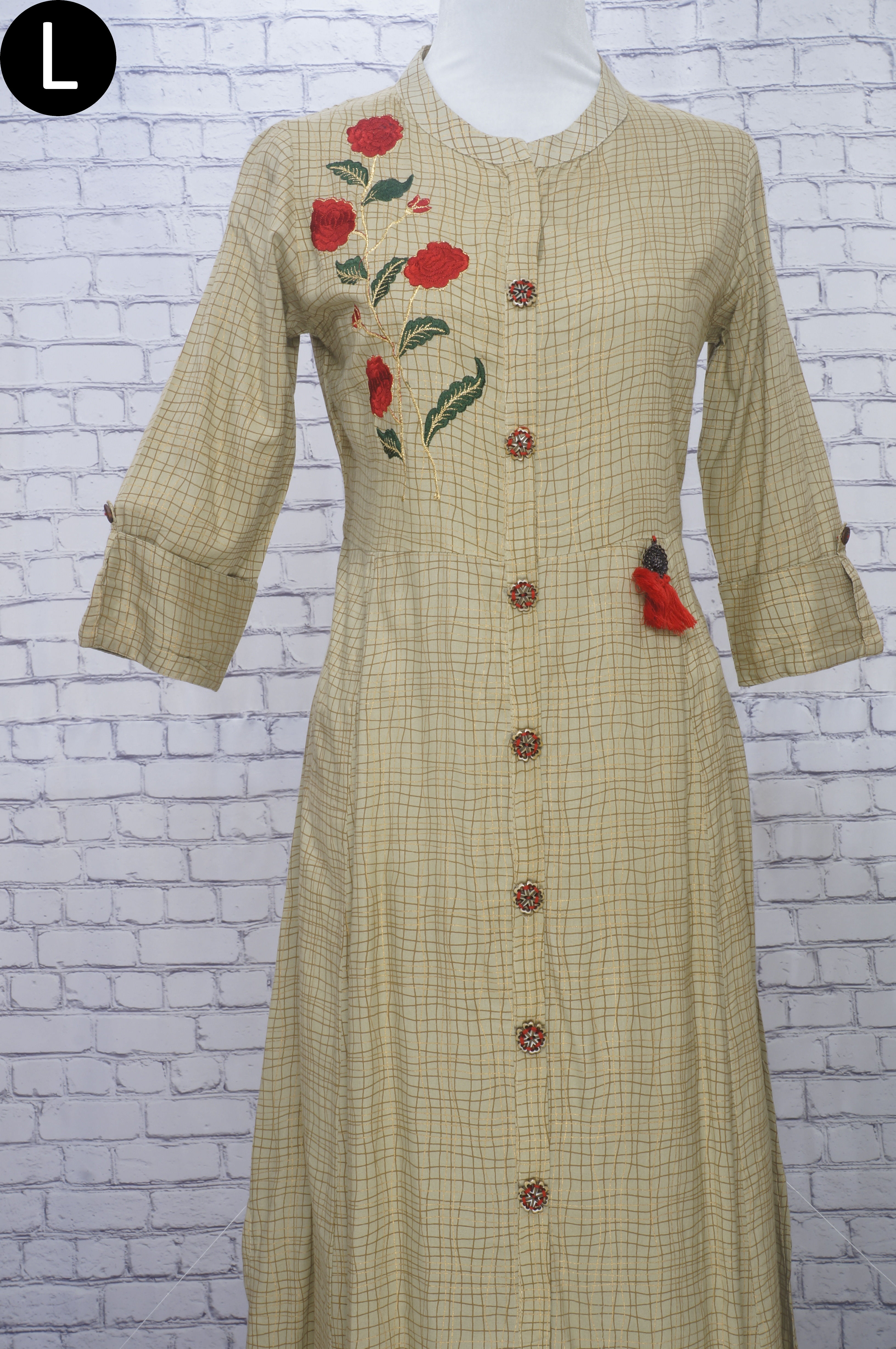 Tan checked Kurta with gold print and embroidery