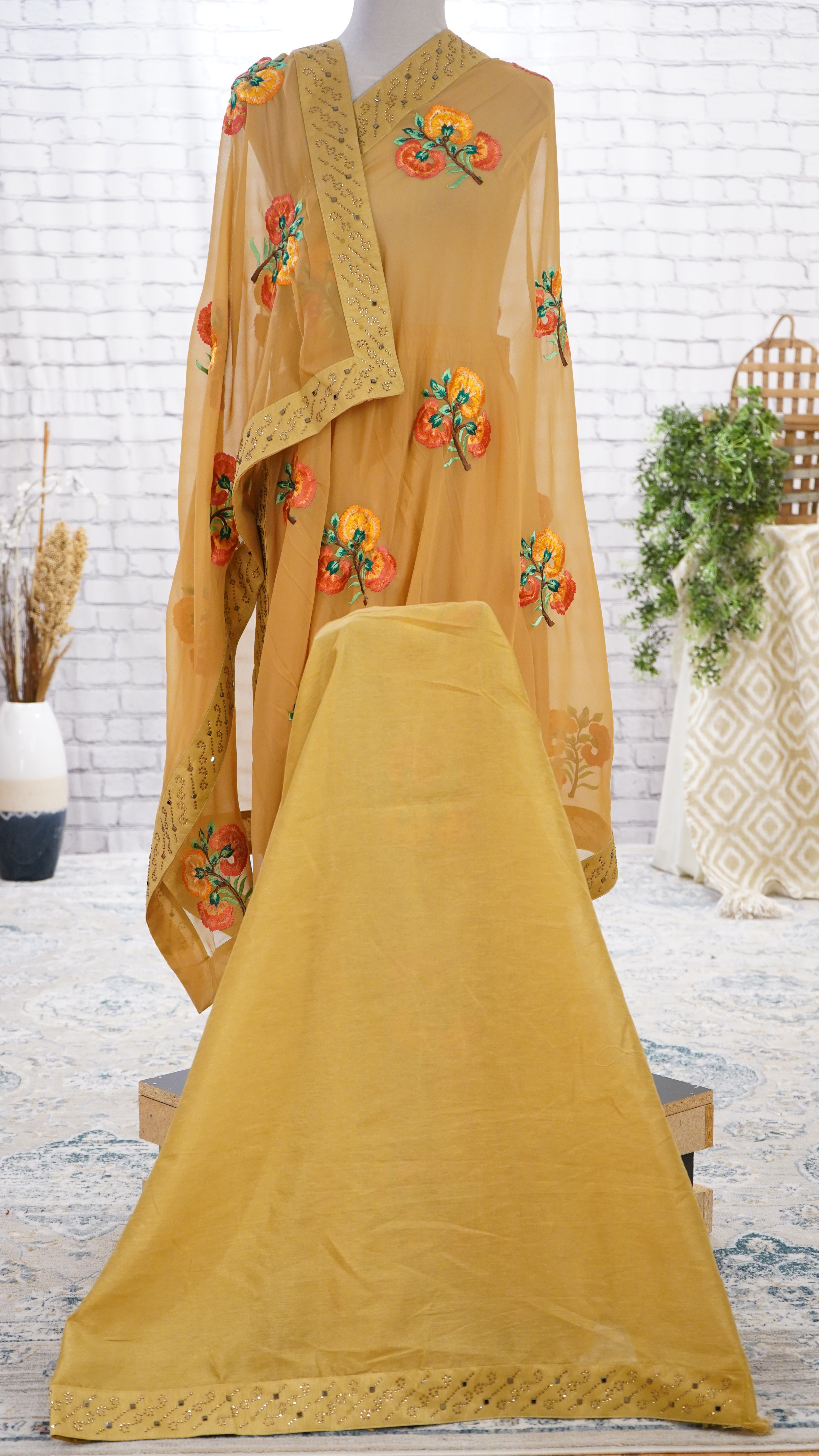Mustard-brown embroidered Georgette Saree (Attached Raw silk Blouse)