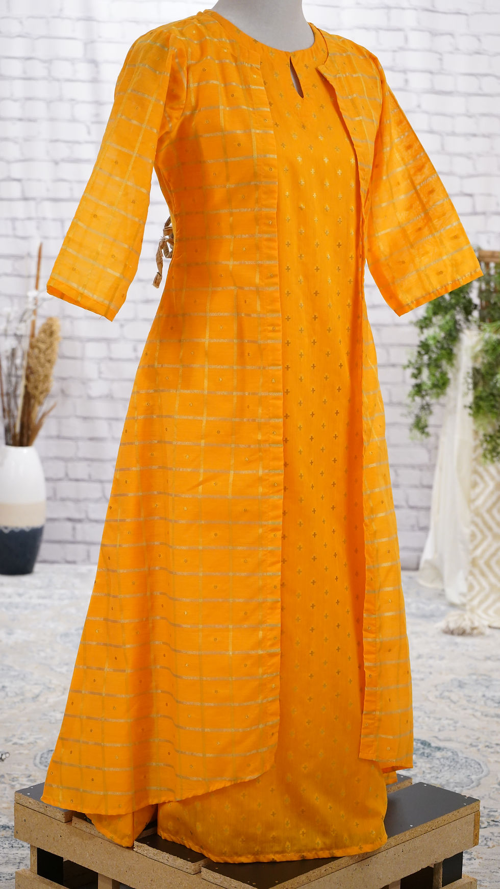 Thumbnail: Yellow Self-design dress with matching Ethnic Jacket set