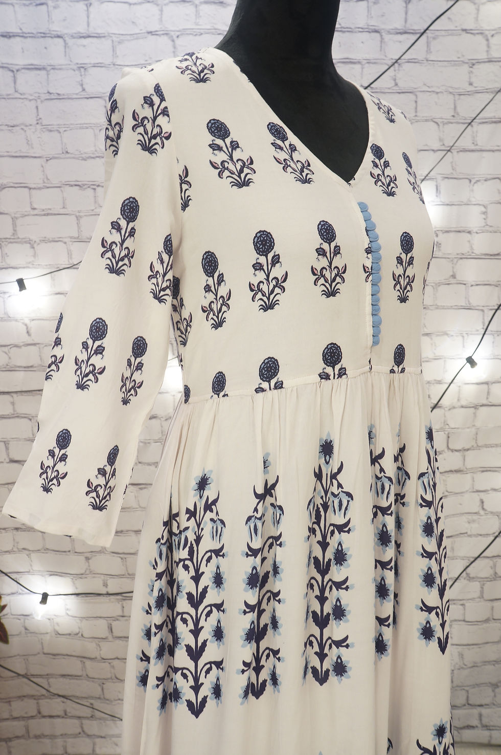 Thumbnail: White and Blue printed A-line tiered Dress