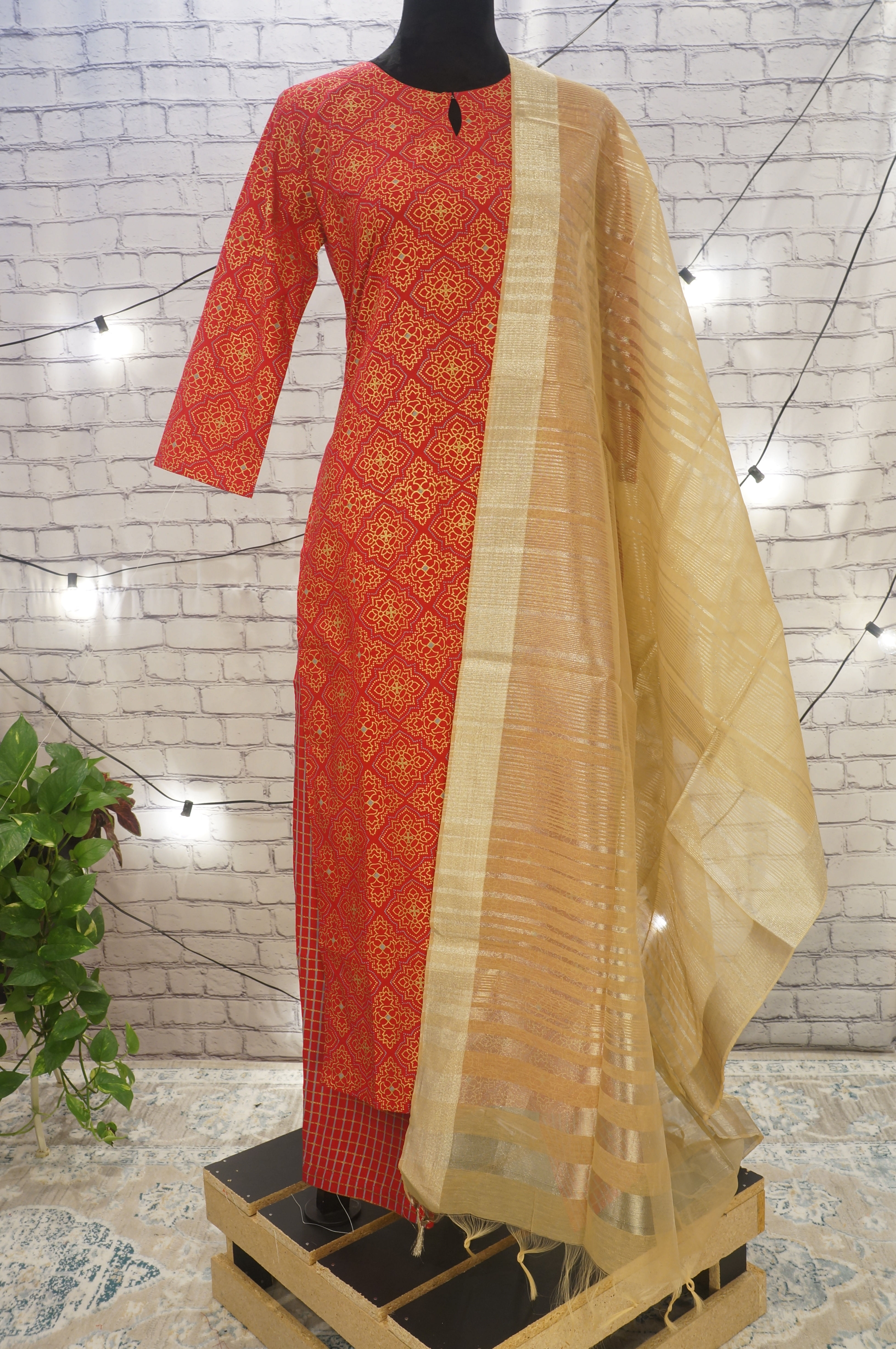 Red and Gold foil print Kurta, Trousers and Dupatta set