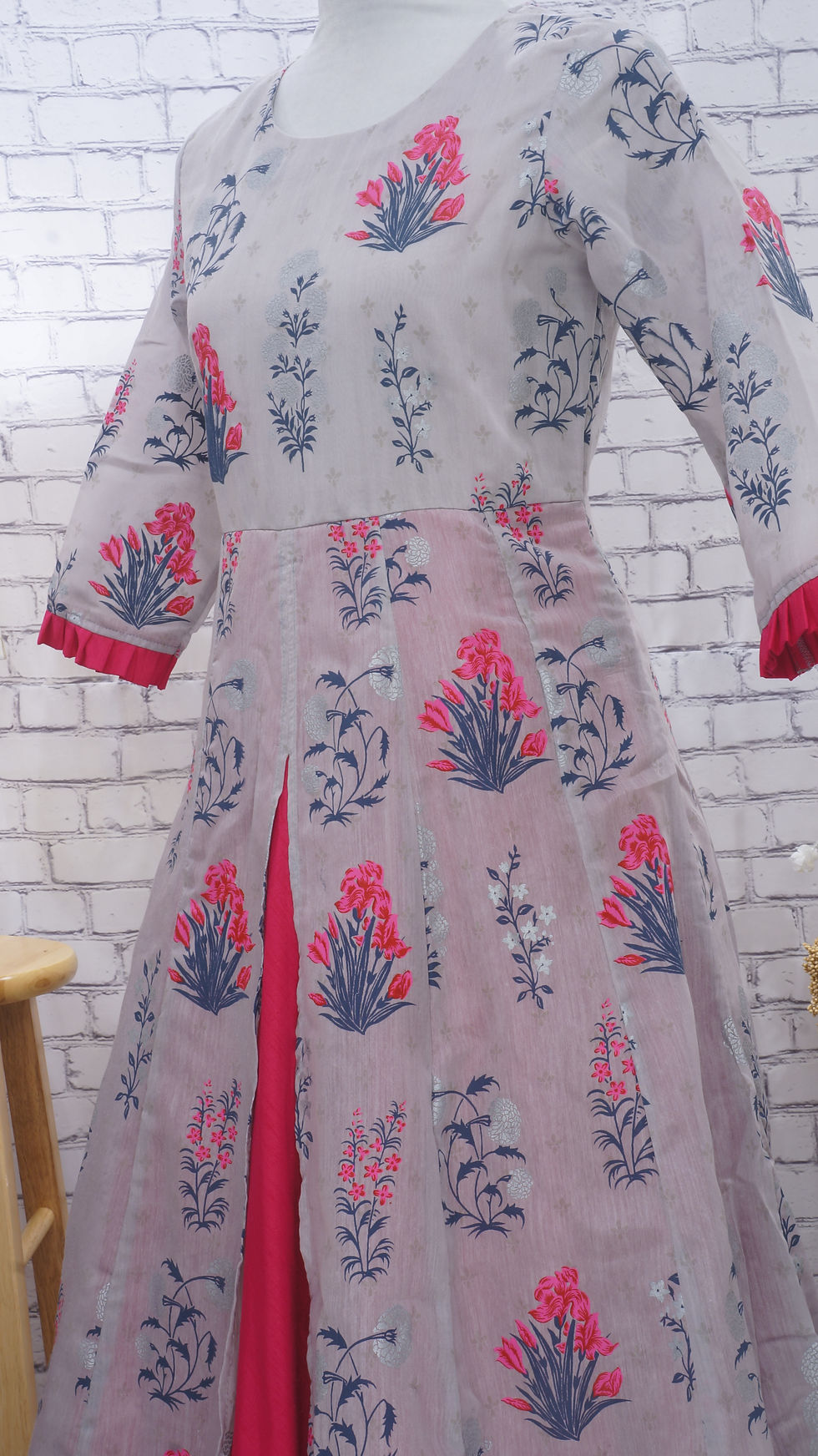 Thumbnail: Gray and Pink Chanderi Silk Ethnic Dress