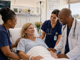 Smiling patient in hospital bed with three doctors and nurses around her.