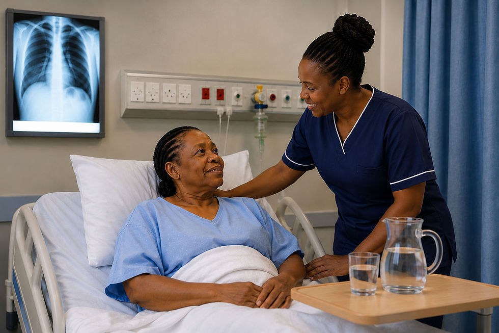 Smiling nurse comforts a patient in a hospital bed beside a chest X-ray and water pitcher.