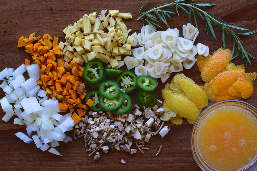 Onions, turmeric, ginger, garlic, jalapeños, citrus and herbs for fire cider