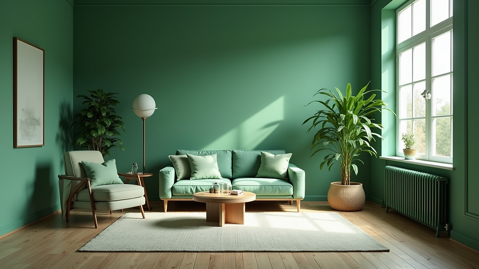 High angle view of a serene green living room interior