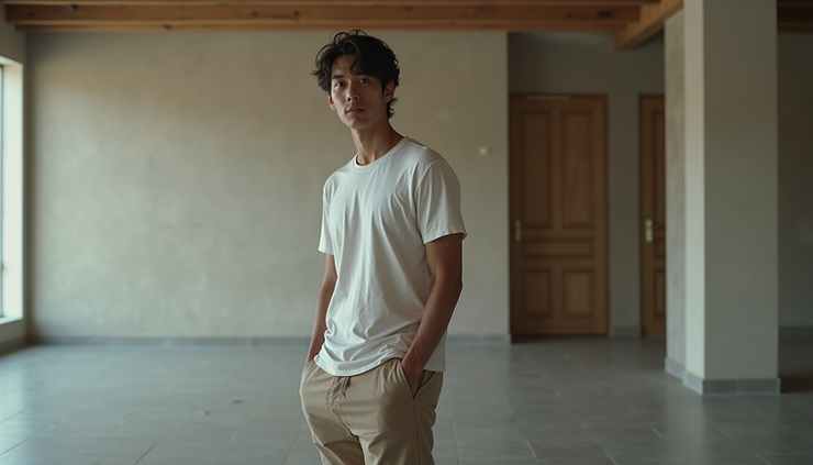 Vista de corpo inteiro de um homem com roupas básicas e acessórios discretos em ambiente interno