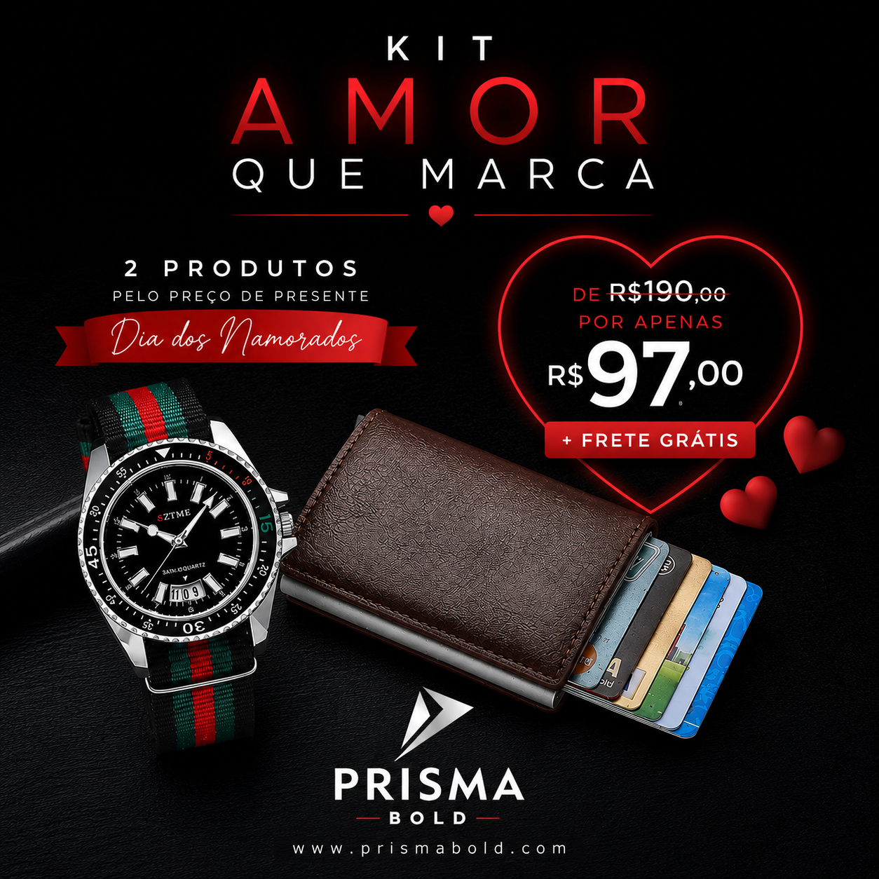 KIT: AMOR QUE MARCA: Relógio Quartzo + Carteira Slim Anti-furto