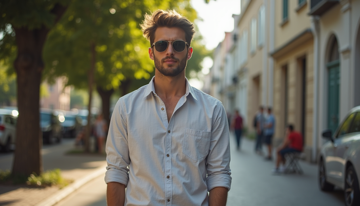 Vista frontal de homem com visual harmonioso e roupas ajustadas em ambiente casual