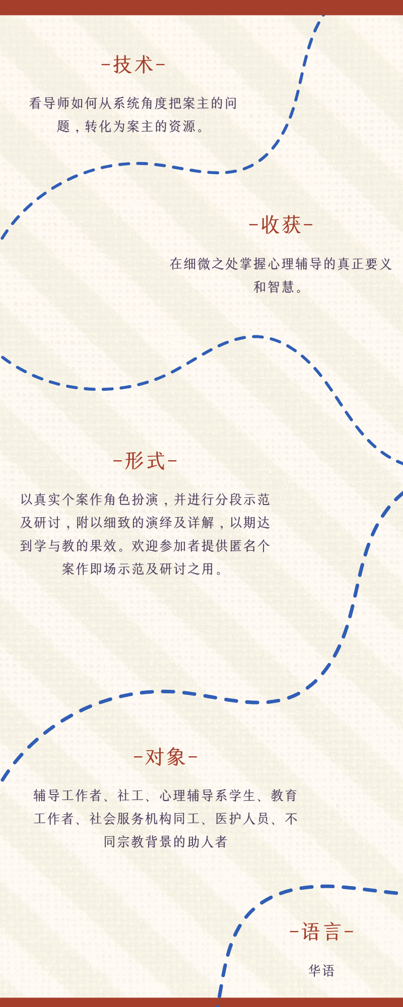 背景为淡色图案,上有红色标题和蓝色波浪线。文字内容涉及技术、收获、形式、对象和语言,介绍心理培训细节和对象群体。对象群体是针对 辅导员,临床心理师,及其他专业助人工作者。