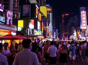 Walking Street de Pattaya con luces de neon de noche