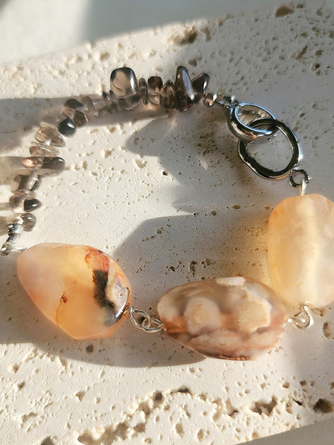 Warm-toned gemstone bracelet with cherry blossom agate and smoky quartz, inspired by Romans 15:13 as a Christian hope bracelet for renewal, fresh beginnings, and joy after a hard season.