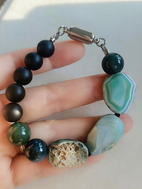 Green and black gemstone bracelet with green banded agate, dark green aventurine, and matte black onyx, inspired by Psalm 1:3 as a Christian strength bracelet for rooted faith and perseverance.