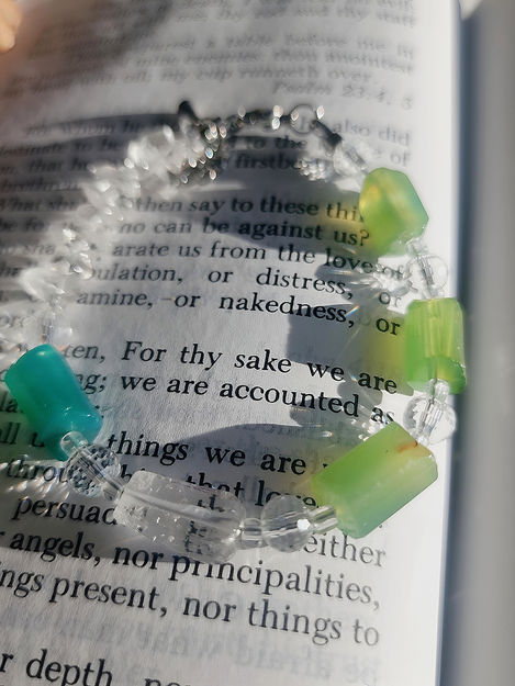 Green and clear gemstone bracelet with green chalcedony and clear quartz, inspired by Psalm 23:2 as a Christian peace bracelet for rest, renewal, and quiet trust.