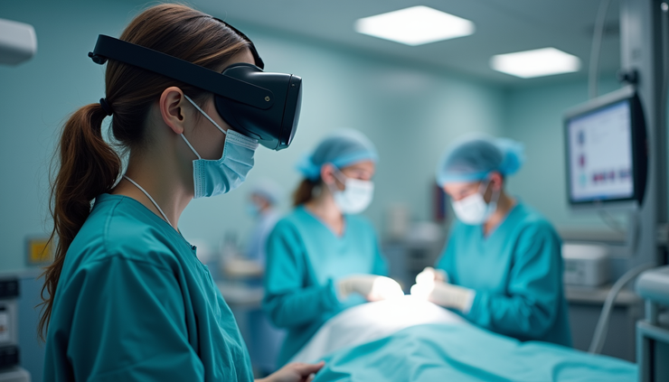 Eye-level view of a medical student using a virtual reality headset for clinical training
