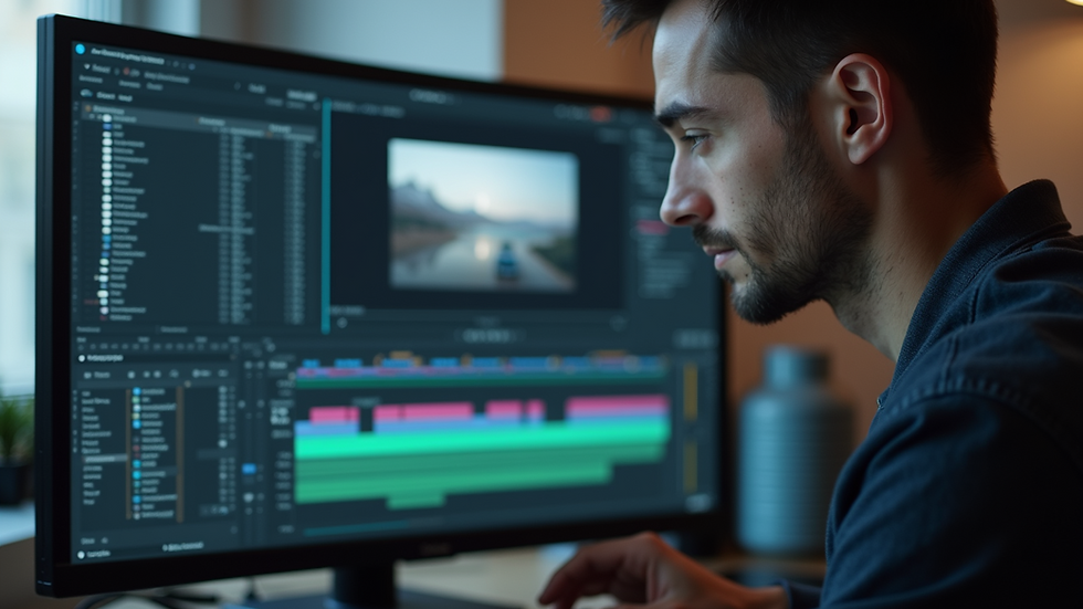 Close-up view of a video editor working on a timeline in editing software