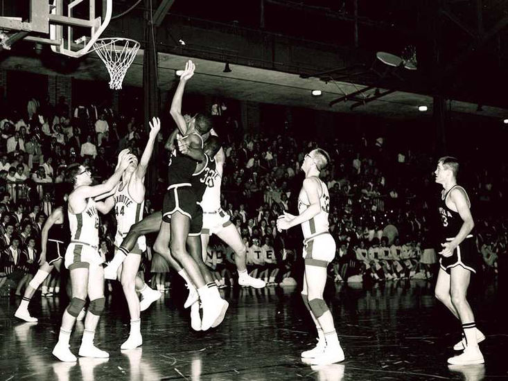 #12 Bill Wendel, #44 Ron Shanks, Warren Burnau, #32 Tom Jones, c. 1961.