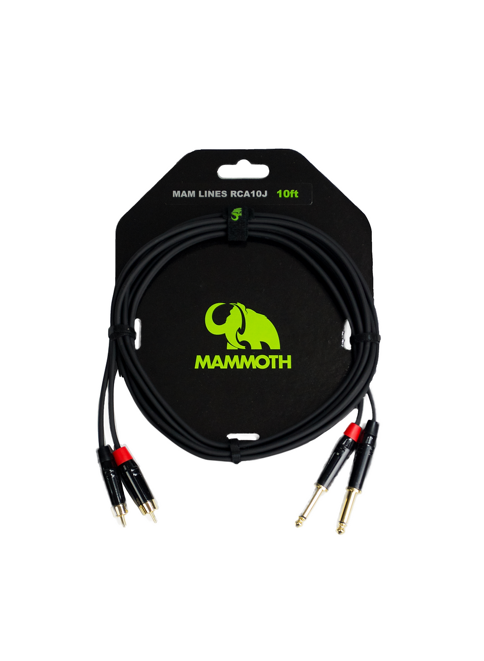 Mammoth Mam Lines RCA10J 10ft audio cable with two gold-plated RCA connectors on one end and two gold-plated 1/4 inch jack connectors on the other
