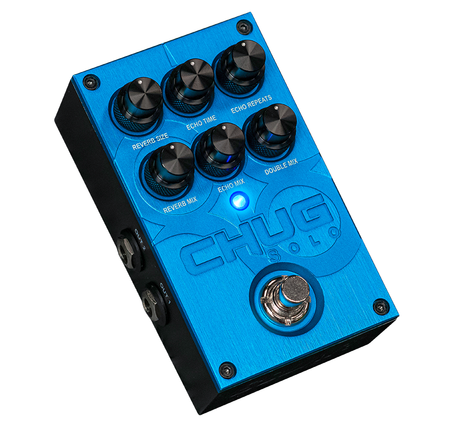 SOLAR Chug Solo 3-in-1 effects pedal – angled view showing footswitch and CHUG SOLO branding