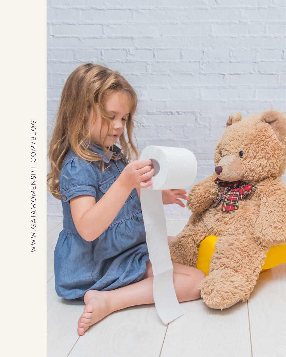 Girl in blue dress unrolls toilet paper for teddy bear. White brick wall background, wooden floor. URL text on the left side.