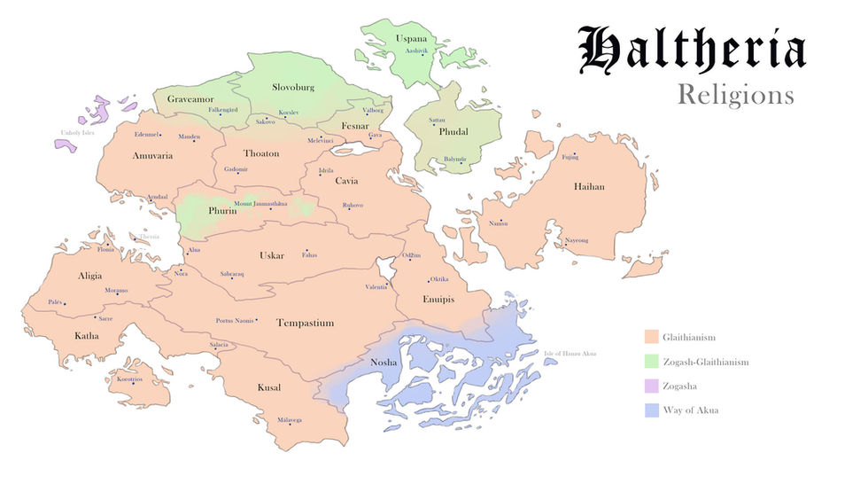 religion map of a fictional fantasy world