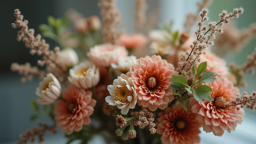 Close-up view of a mixed floral bouquet with dried flowers and greenery