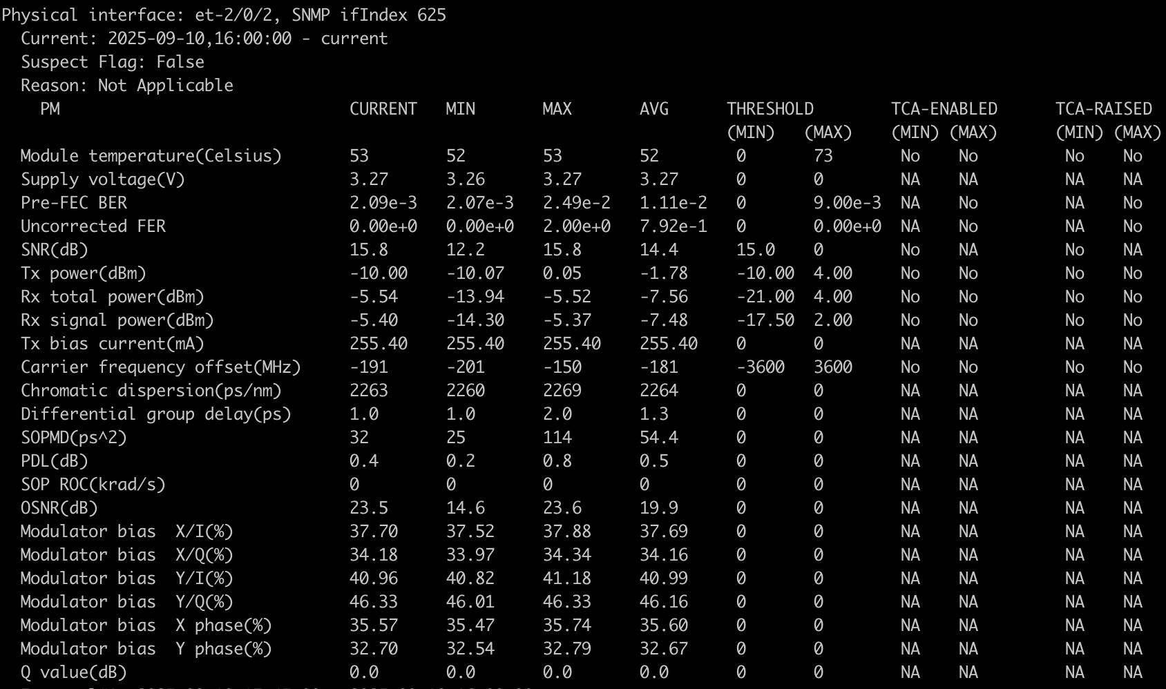 Junos CLI output showing coherent DWDM plug diagnostics