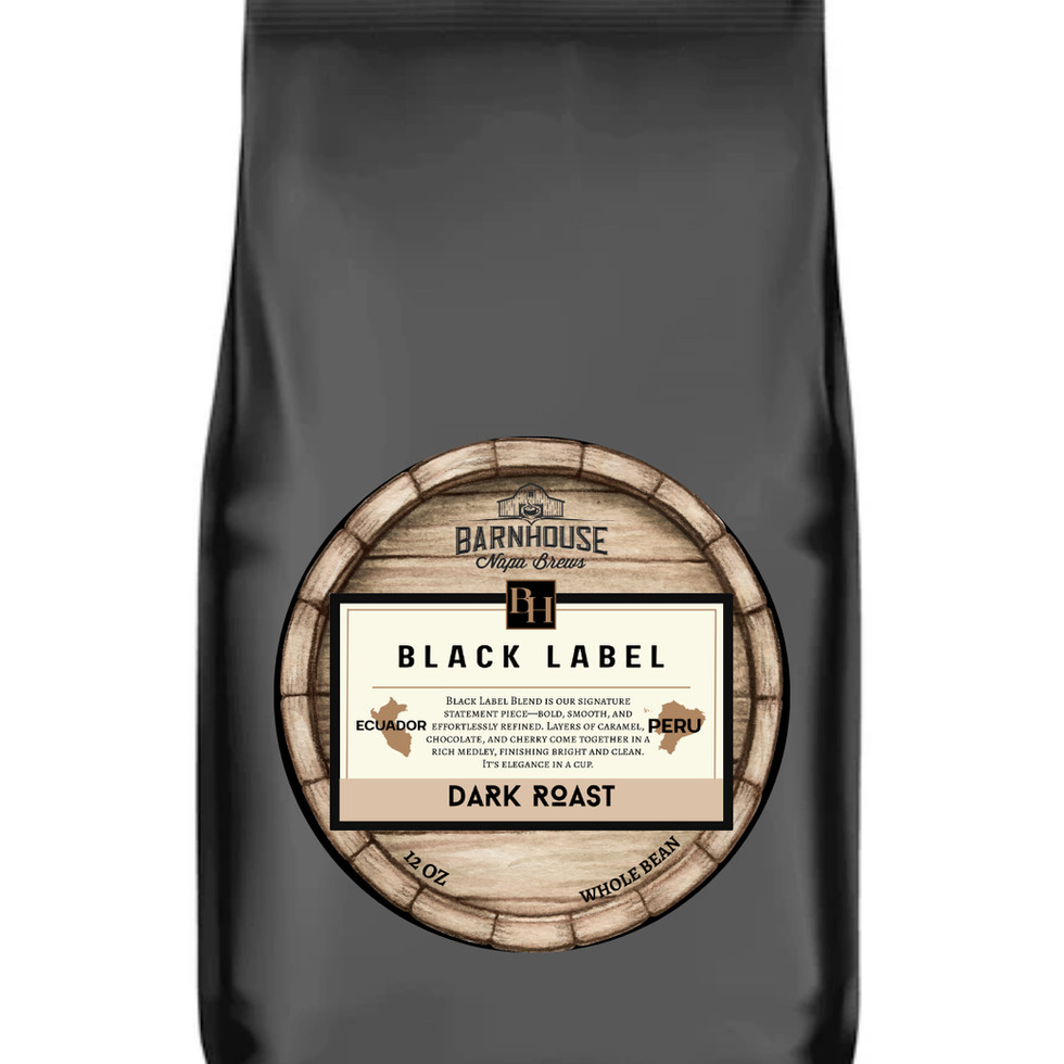 Black coffee bag with Black Label Dark Roast