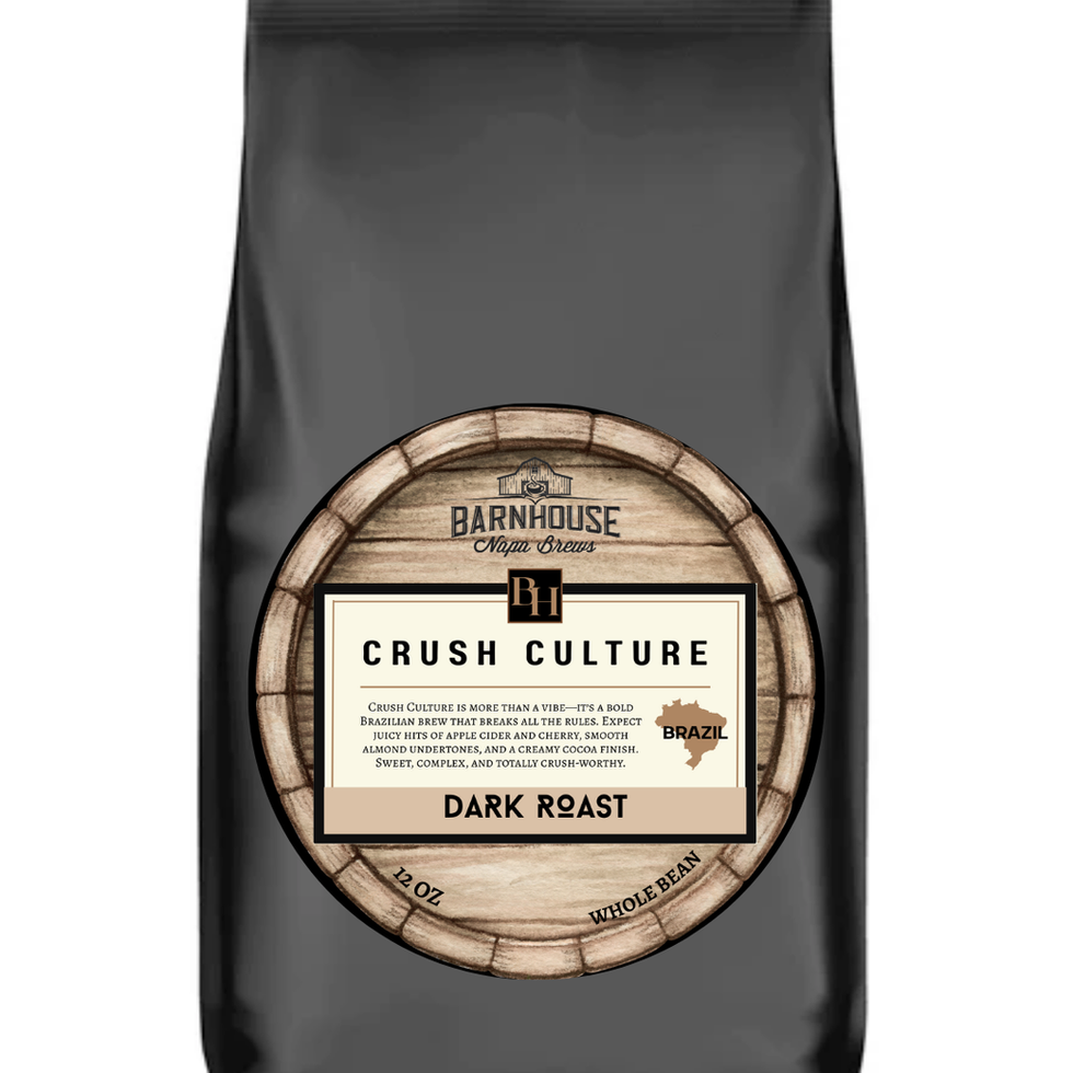 Crush Culture Dark Roast coffee bag, Barnhouse, Whole Bean.