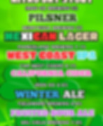 Menu of Nitro Dry Stout, Pilsner, Mexican Lager, West Coast IPA, California Cider, Winter Ale, Fruited Sour Ale, Hazy IPA.