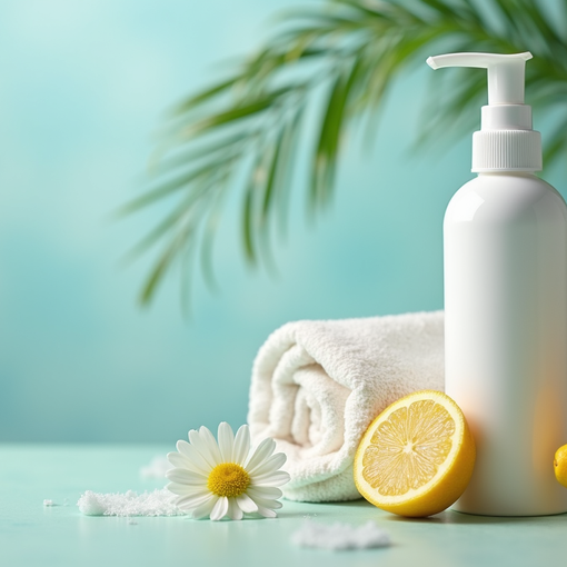 Close-up de produtos para limpeza de pele organizados em bancada clara