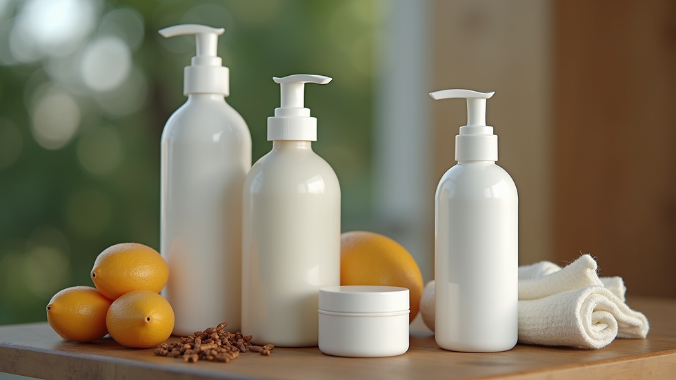 Close-up de frascos de produtos de cuidados com a pele organizados em bancada
