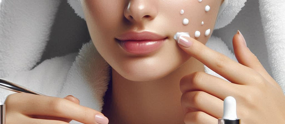 Mulher aplicando creme facial com movimentos suaves no rosto, usando produto emoliente durante rotina de cuidados com a pele. Cosméticos e sérum ao redor em ambiente estético