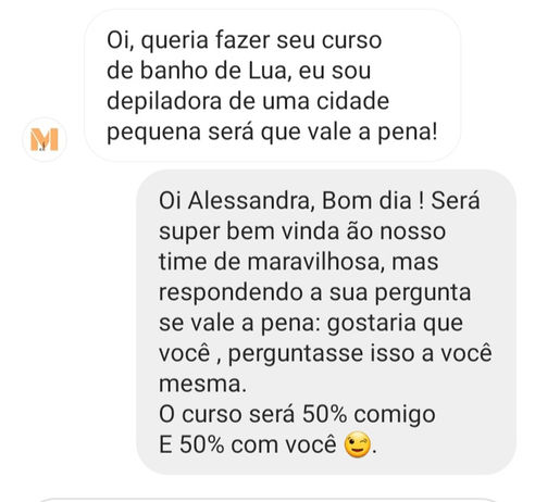 Conversa de aluna no WhatsApp compartilhando sua experiência com