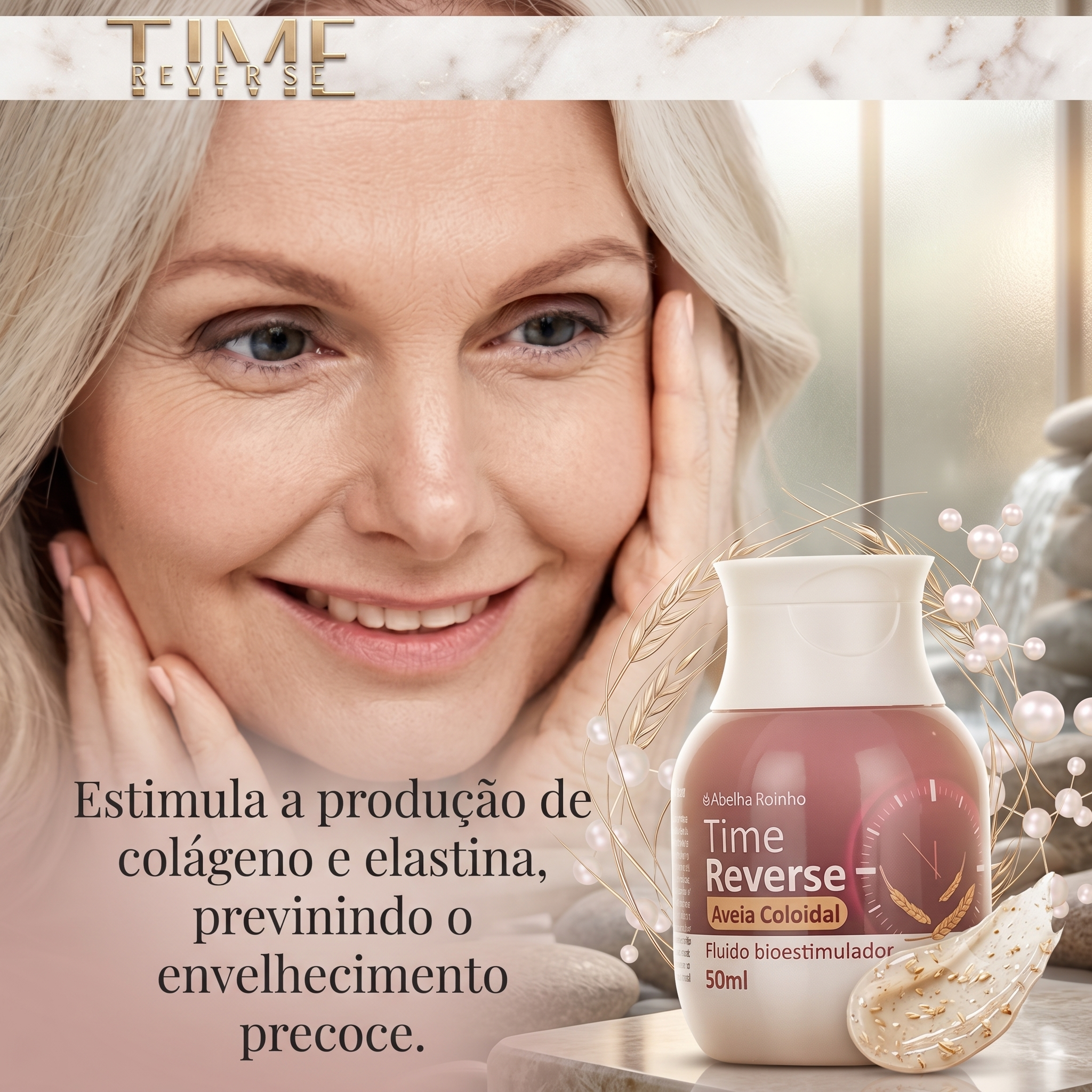 "Fluido bioestimulador Time Reverse Abelha Rainha, frasco de 50ml, para tratamento de colágeno e elastina, indicado para prev