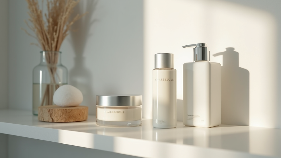 Frascos de skincare bege sobre prateleira branca, com luz suave; ao fundo, vaso de vidro com ramos secos e esfera de banho.