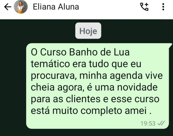 Depoimento de aluna satisfeita após concluir o Curso Banho de Lua Temático Profissional.