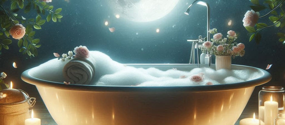"Banho de Lua estético com banheira cheia de espuma sob a luz da lua, rodeada por velas acesas, flores e folhas, representando um ritual de clareamento corporal e relaxamento profundo."