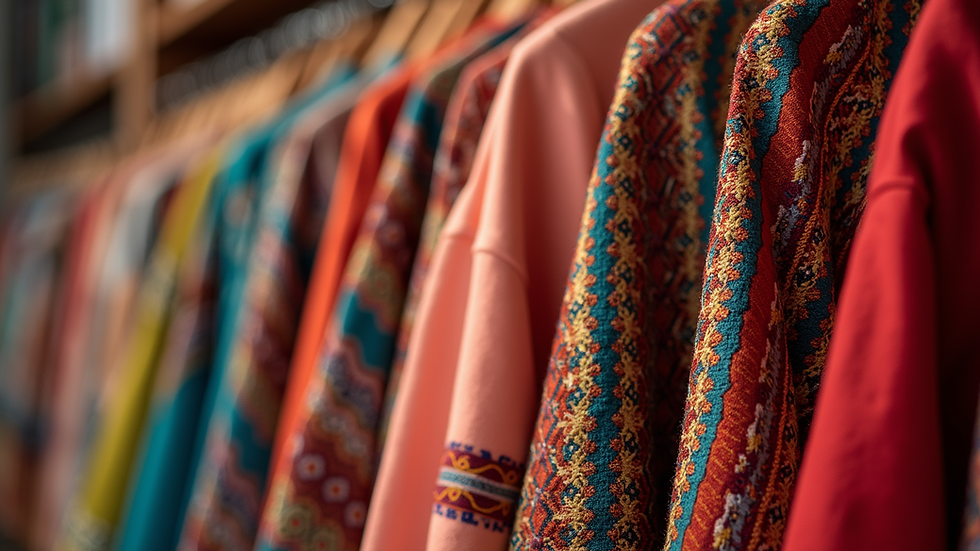 Eye-level view of a colorful handcrafted Indian garment on display